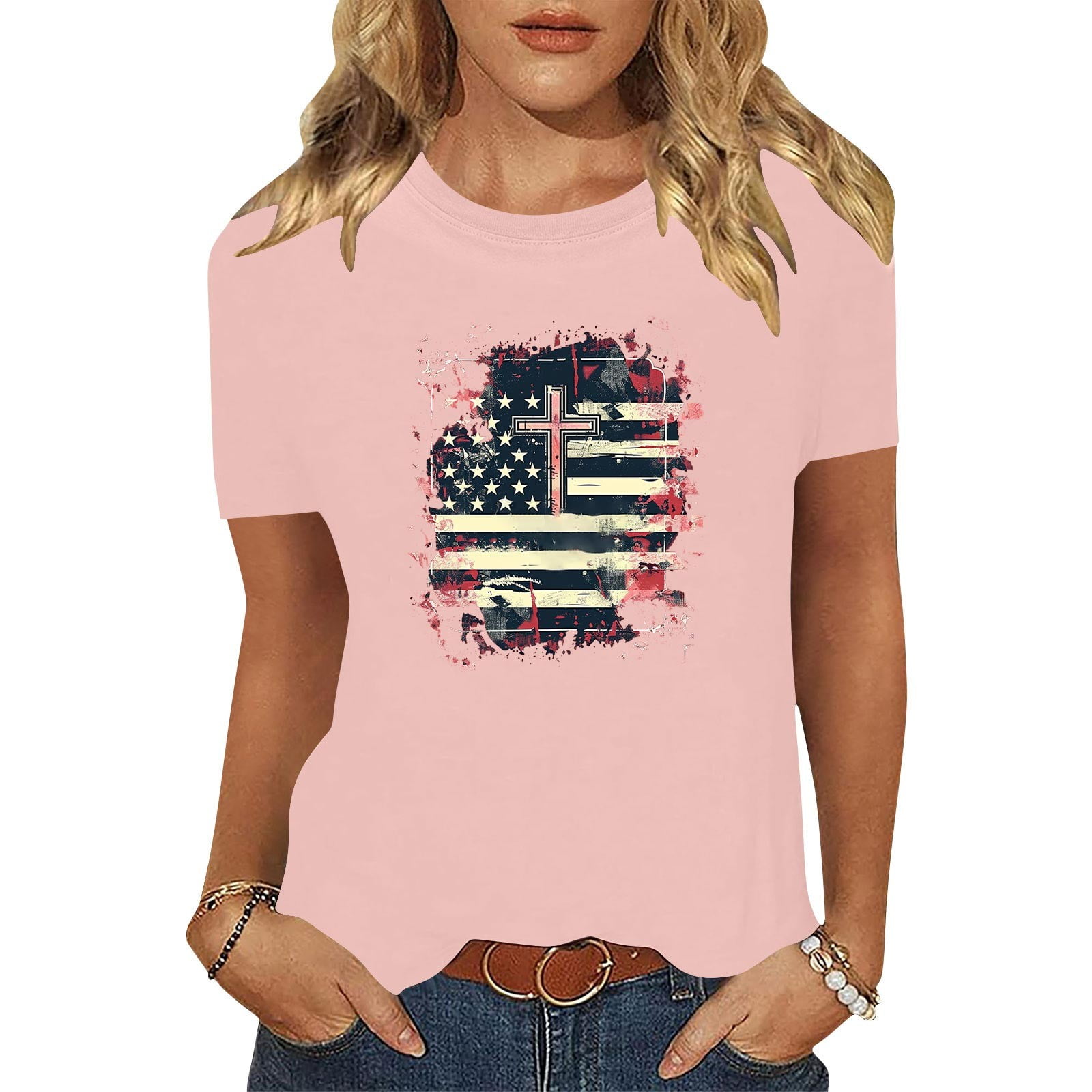 Petite Red White Blue Sequined Short Sleeve Top