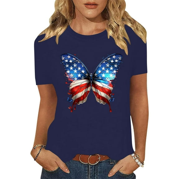 Cavosen American Flag Tops for Women Plus Size 4th of July Short Sleeve Crewneck Tops USA Star Striped Print T Shirts Lady 2X Red White and Blue Casual Shirts Patriotic Tunic Tees Patriotic Outfits