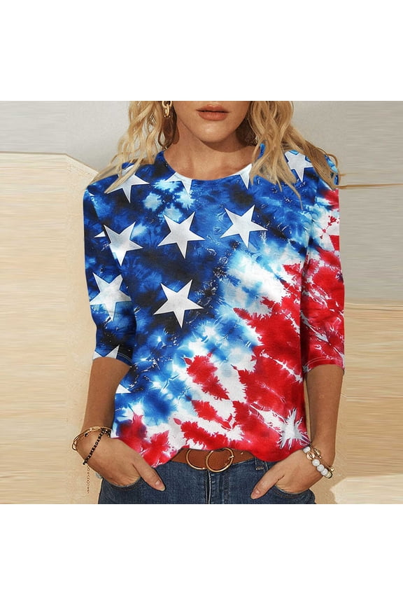 American Flag Tops for Women Plus Size Patriotic 3/4 Sleeve Crewneck Tops USA Flag Print T Shirts Lady 2X Independence Day Casual Tops Funny 4th of July Tunic Tees 2025 Patriotic Clothes