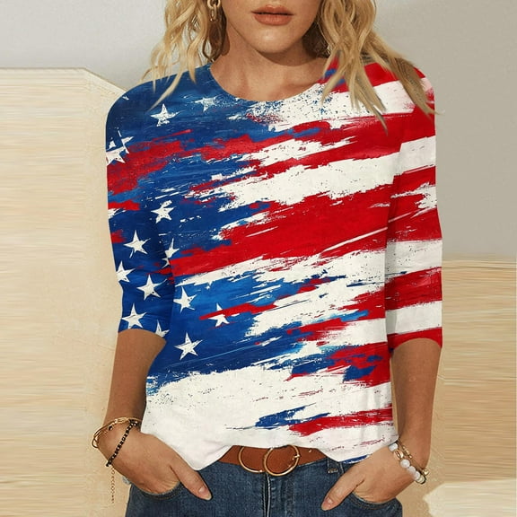 Cavosen American Flag Tops for Women Plus Size Patriotic 3/4 Sleeve Round Neck Shirts USA Star Striped Print Shirts Lady 3X Independence Day Casual Tops 4th of July Tunic Tees Patriotic Blouses