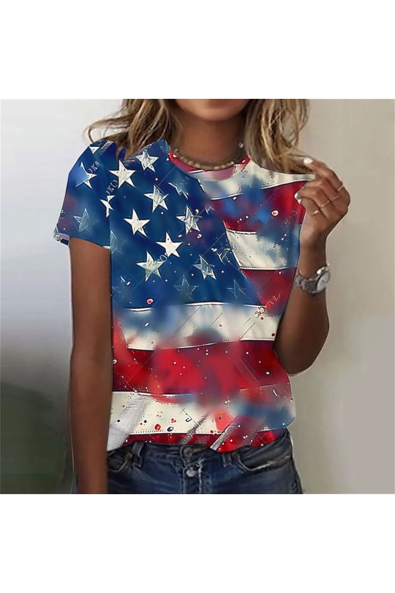 American Flag Tops for Women Plus Size Patriotic Short Sleeve Crewneck Tops American Flag Print T Shirts Lady 3X Independence Day Casual Shirts 4th of July Tunic Tees 2025 Patriotic Outfits