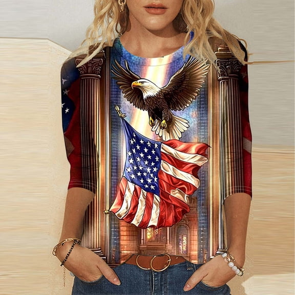 Cavosen American Flag Tops for Women Plus Size Red White and Blue 3/4 Sleeve Round Neck T Shirts American Flag Graphic Shirts Lady 3X Patriotic Casual Shirts Independence Day Tunic Tees