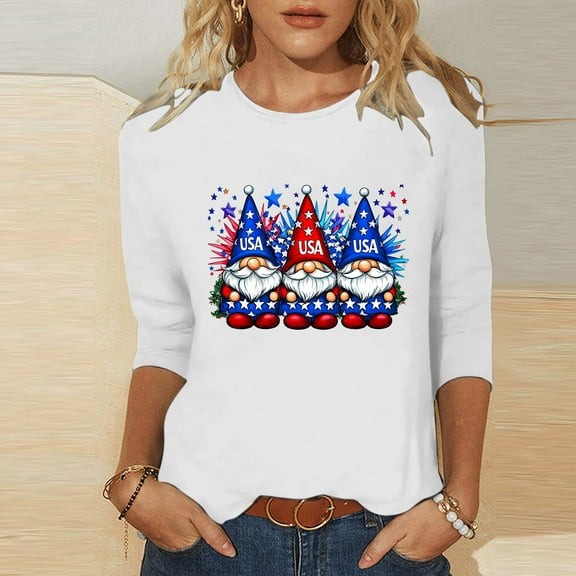 Cavosen American Flag Tops for Women Plus Size Red White and Blue 3/4 Sleeve Round Neck T Shirts USA Flag Graphic Shirts Lady 2X Patriotic Casual Shirts Independence Day Tunic Tees Patriotic Clothes