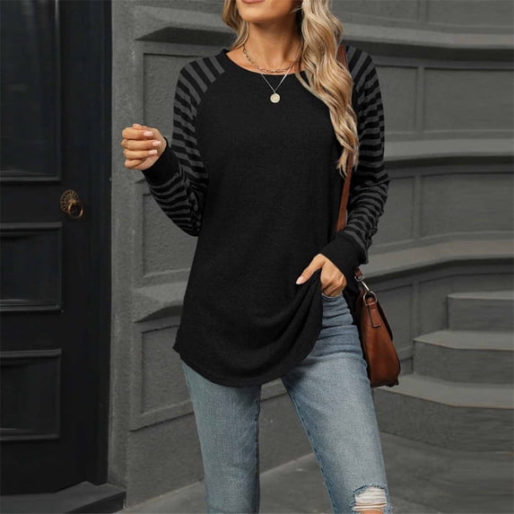 Cavosen Athletic Tops for Women Long Sleeves Tunic T Shirt Round Neck Striped Color Block Tops Curvy Hem Pullover Shirts Fashion Casual Blouse Tees Fall Winter Clothes Black L