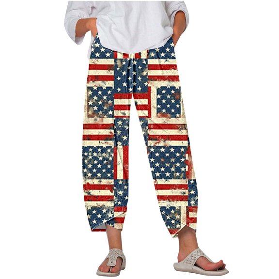 Cavosen Baggy Wide Leg Pants Fourth of July Wide Leg Loose Capri Lightweight Flowy Elastic Waist Cropped Trousers Summer Breathable Outdoor Pants Beige 3XL