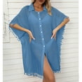 thumbnail image 1 of Cavosen Bathing Suit Cover up for Women Crochet Shirt Dress Bikinis Swimwear Kimono Tassel Hem Short Sleeve Lapel Neck Button down Sheer Breathable Sunscreen Long Swimsuit Kaftan, 1 of 6