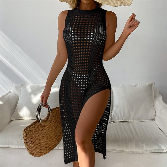 Cavosen Bathing Suit Cover up for Women Long Summer Knitted Crochet Dress Kaftan Sleeveless Crewneck Sheer Flowy Breathable Side Split Long Sun Protection Kimono Plain Cover Ups