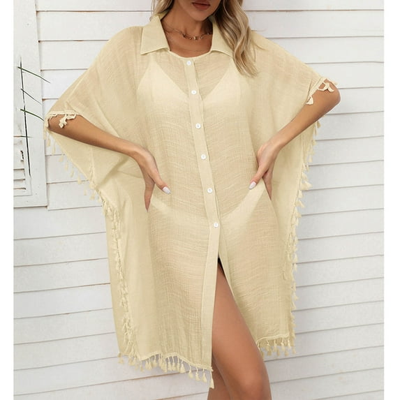 Cavosen Bathing Suit Cover up for Women Shirt Dress Bikinis Swimwear Kimono Tassel Hem Short Sleeve Lapel Neck Button down Sheer Breathable Sunscreen Long Plain Swimsuit Kaftan