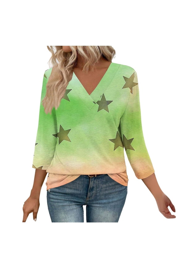 Blouse for Women 3/4 Sleeve V Neck Cute Sweatshirt Star Lightweight Oversized Pullover Soft Spring Orleans Party Tops