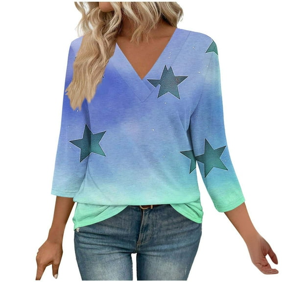 Cavosen Blouse for Women 3/4 Sleeve V Neck Cute Sweatshirt Star Lightweight Oversized Pullover Soft Spring Orleans Party Tops