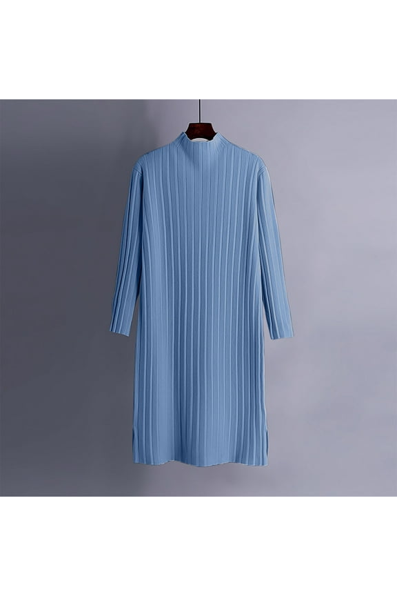 Bodycon Dresses for Women Long Sleeve Blue Knitted Sweater Dress Midi Basic Pullover Turtleneck Below Knee Dress Solid Warm Classic Casual Dress Fall Winter Clothes