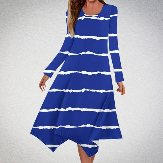 Cavosen Bodycon Dresses for Women Long Sleeve Blue Maxi Dress Hankerchief Hem Crew Neck Calf Length Long Dress Striped Casual Trendy Dress Vacation Fall Winter Clothes 2XL