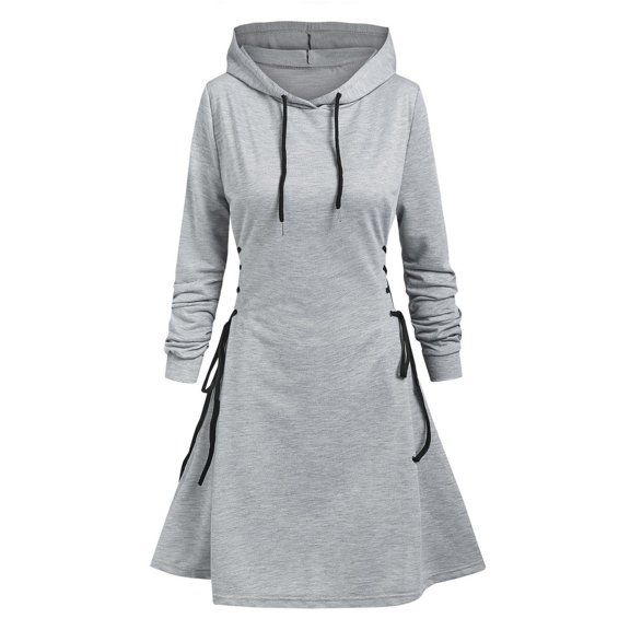 Cavosen Bodycon Dresses for Women Long Sleeve Gray Hoodie Dress Mini Drawstring Hooded Neck Knee Length Short Dress Solid Waisted Tunic Pullover Casual Dress with Pocket XL