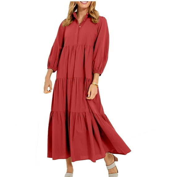 Cavosen Bodycon Dresses for Women Long Sleeve Red Puff Sleeve Maxi Dress Smocked Tiered Collared Calf Length Long Dress Solid Pleated Casual Trendy Dress Fall Winter Clothes S