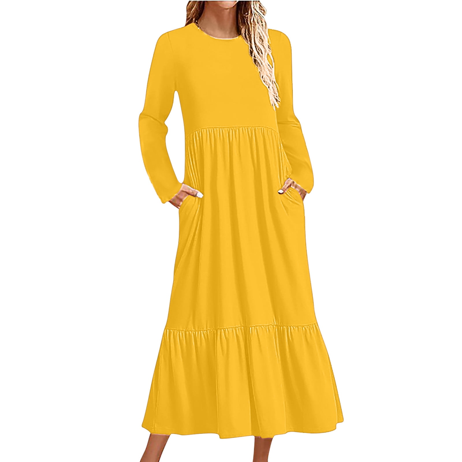 Cavosen Bodycon Dresses for Women Long Sleeve Yellow Maxi Dress Smocked  Tiered Round Neck Ankle Length Long Dress Solid Pleated Casual Dress with  Pocket Fall Winter Clothes S - Walmart.com