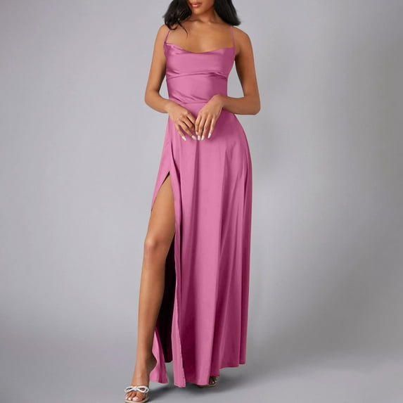 Cavosen Bodycon Dresses for Women Sexy Pink Elegant Spaghetti Strap Sleeveless Long Dress Party Dress Side High Split Ankle Length Maxi Dress Flowy Backless Wrap Wedding Guest Dress