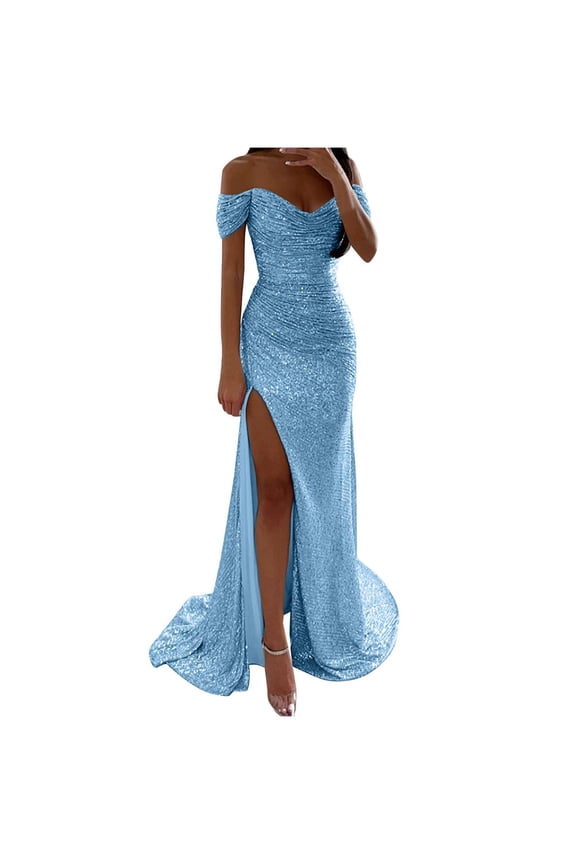 Bodycon Maxi Dresses for Women Sequin Elegant Tube Off Shoulder Sleeve Long Party Dress Cowl Neck Side High Split Floor Length Dress Flowy Pleated Solid Dress with Train