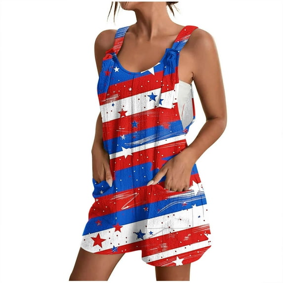 Cavosen Bodysuit for Women 4th of July Plus Size Scoop Neck Sleeveless Comfortable Jumpsuits Camisole Romper with Pocket Star and Stripe Summer Trendy Tops