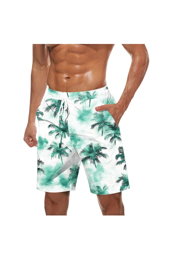 Boho Shorts for Men Going Out Palm Print Lightweight Swim Trunks with Pocket Drawstring Board Shorts Sunbathing Vacation Bathing Suits