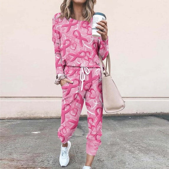Cavosen Breast Cancer 2 Piece Workout Sets for Women Pink Long Pants Sweatsuits Long Sleeve Round Neck Ribbon Shirts Tracksuits Awareness Lounge Sets with Pocket Drawstring Holiday