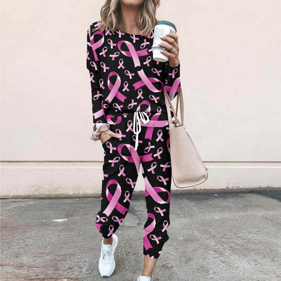 Cavosen Breast Cancer Casual Two Piece Outfits for Women Tracksuit Pink Long Pants Lounge Sets Long Sleeve Round Neck Ribbon Shirts Jogger Sets Awareness Loungewear with Pocket Drawstring