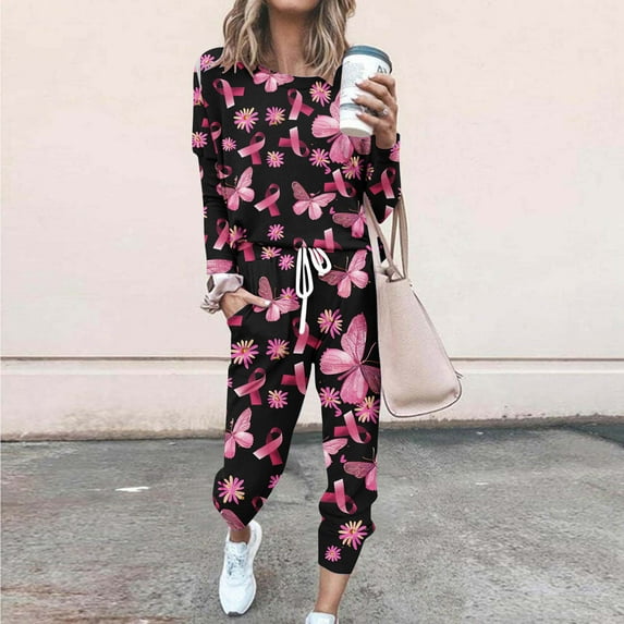 Cavosen Breast Cancer Jogger Sets for Women 2 Piece Pink Long Pants Jogger Sets Long Sleeve Round Neck Ribbon Shirts Loungewear Awareness Sweatsuits with Pocket Drawstring Festival