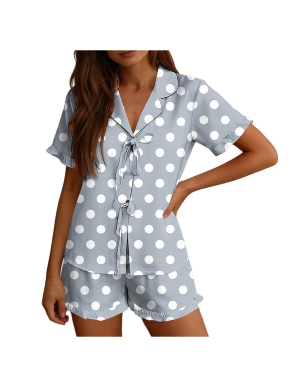 Button Down Pajamas Women 2 Piece Trendy Short Sleeve Loungewear with Shorts Polka Dots Lightweight Ruffle Belt Matching Set Summer Comfortable Sleepwear