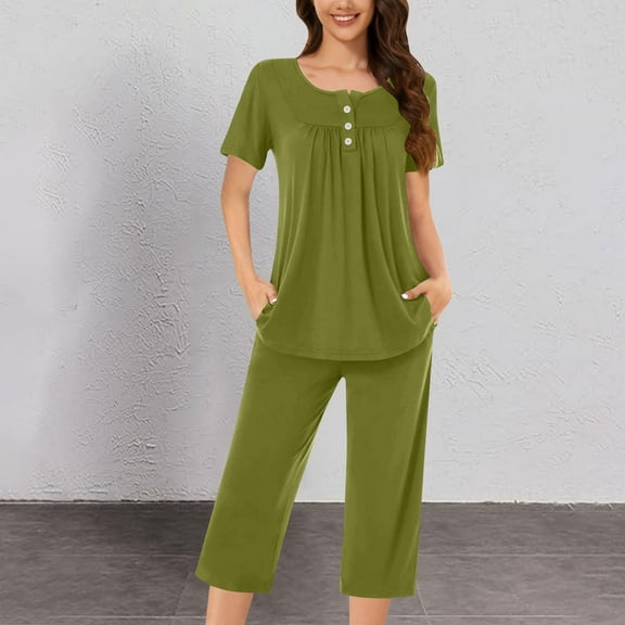 Cavosen Capri Pajamas for Women Set with Pocket Button 2 Piece Outfit Sets Short Sleeve V-Neck Tops Nightwear Pleated Solid Homewear Lightweight Casual Sleepwear Fall Winter Clothes
