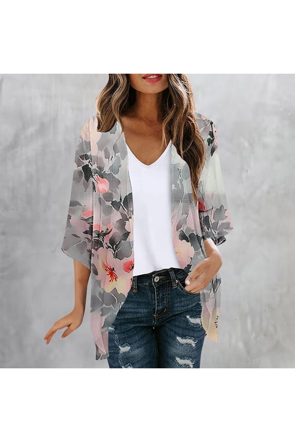 Cardigan Sweaters for Women Lightweight Kimonos Floral Vintage Print Open Front Cardigan 3/4 Sleeve Summer Vacation Slouchy Outwear Beach Cover ups Soft Sweaters Blue 2XL