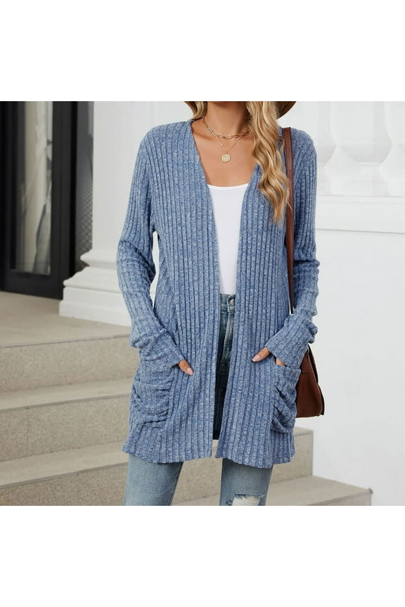 Cardigans for Women Trendy Cable Knit Lightweight Solid Color Long Cardigan Long Sleeve Open Front Kimonos Sweaters with Pocket Soft Outwear Casual Duster Fall Clothes Blue XXL