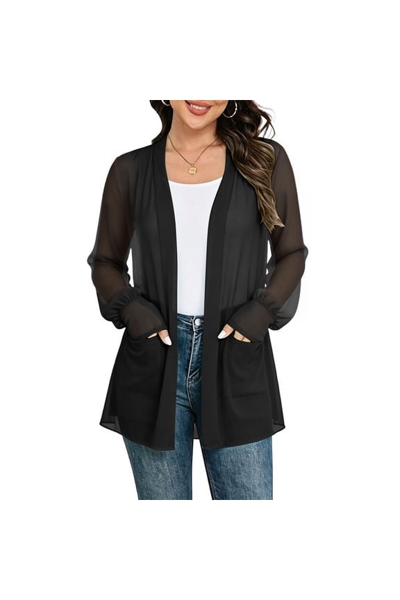 Cardigans for Women Casual Lightweight Chiffon Lantern Sleeve Open Front Cover Up Flowy Solid Long Tops with Pocket