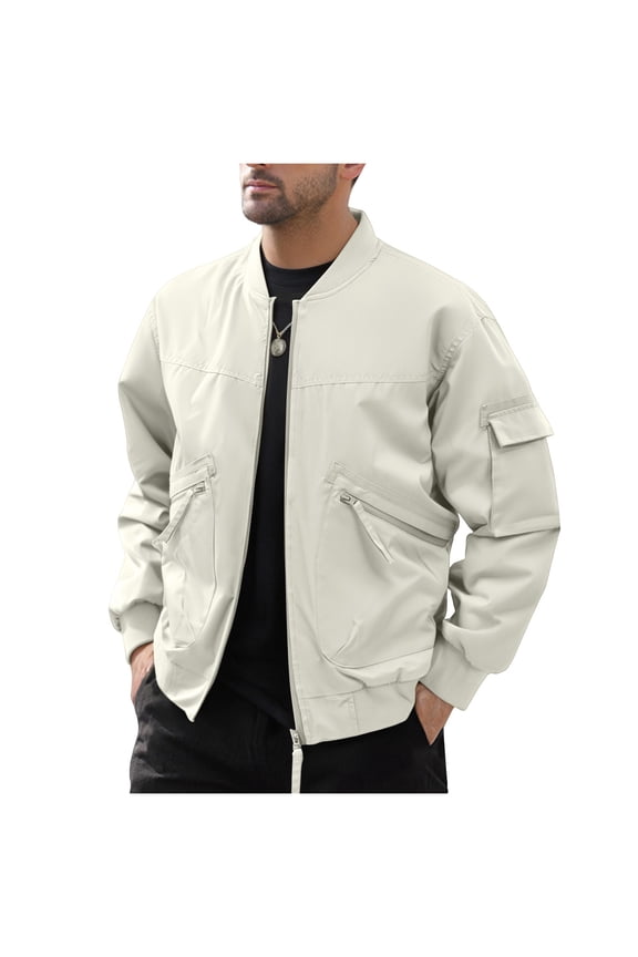 Cargo Jacket for Men Winproof Lightweight Stand Collar Coat Solid Color Athletic Versatile Tops