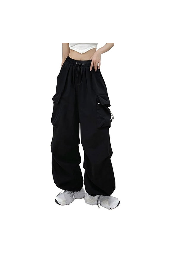 Cargo Pants Flowy High Waisted Wide Leg Trousers with Pockets Solid Bottoms Drawstring Jogger Windbreaker Clothes