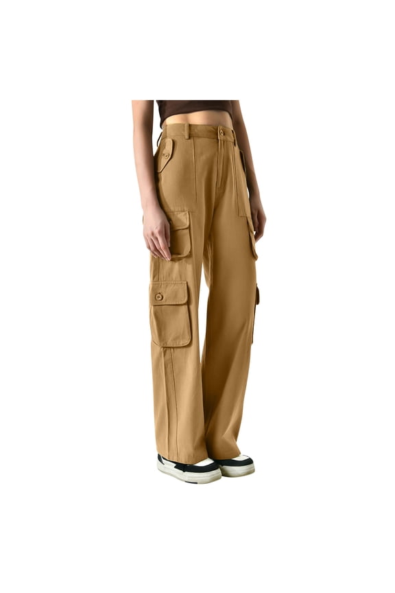 Cargo Pants for Women Mid Waist Trousers with Multiple Pockets Solid Regular Bottoms Straight Leg Windbreaker Clothes