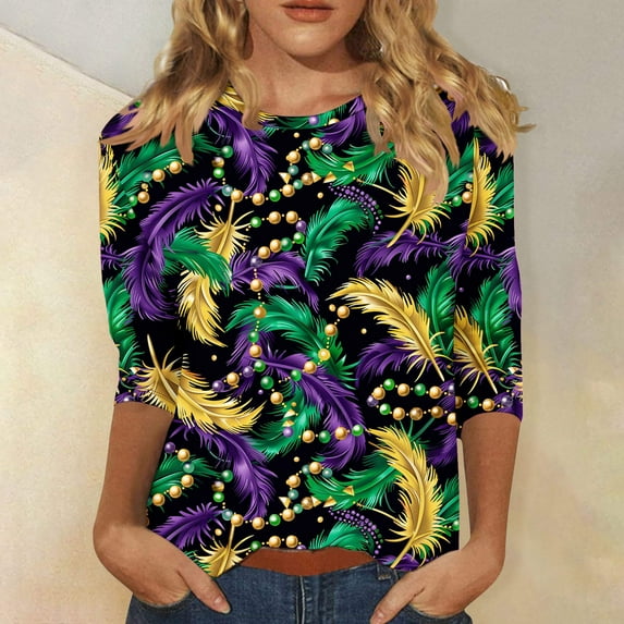 Cavosen Carnival 3/4 Sleeve Shirts for Women Crew Neck Mardi Gras Mask Graphic Print Tops Party Holiday Shirts Loose Stylish Festival Blouse Dressy Party Funny Tees Purple L