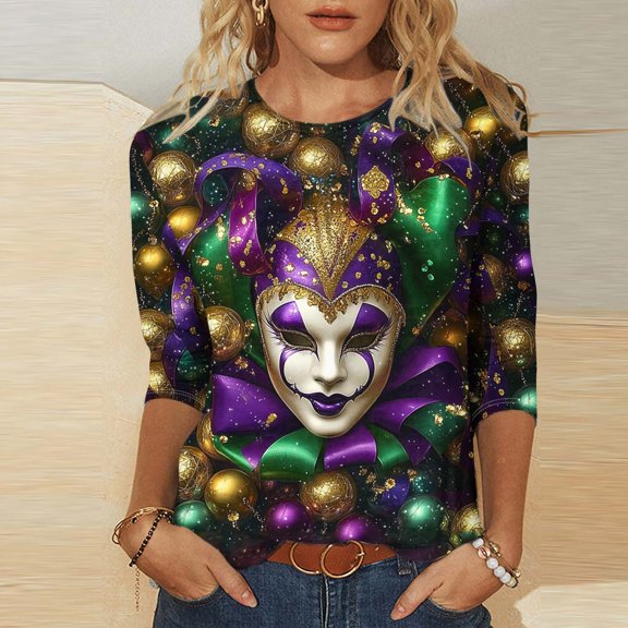 Cavosen Carnival 3/4 Sleeve Shirts for Women Crew Neck Mardi Gras Shiny Mask Graphic Print Tops Party Holiday Blouse Casual Trendy Festival Shirts Dressy Party Funny Tees 2XL