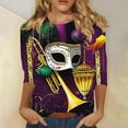 thumbnail image 1 of Cavosen Carnival 3/4 Sleeve Tops for Women Dressy Mardi Gras Shiny Mask Graphic Print Shirts Round Neck Party Festival Tops Loose Stylish Holiday Blouse Party Funny Tees M, 1 of 5