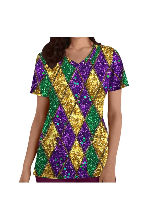 Carnival Cute Scrubs Short Sleeve V Neck Shirt with Pocket Plaid Lightweight Tops Trendy Workwear