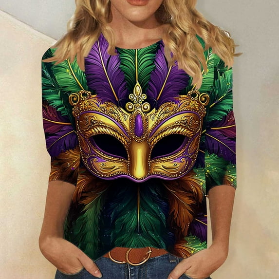 Cavosen Carnival Day 3/4 Length Sleeve Tops for Women Holiday Mardi Gras Crewneck Shirts Mask Graphic Print Blouse Festival Trendy Tops Dressy Workout Tees Party Shrove Tuesday T-Shirts S