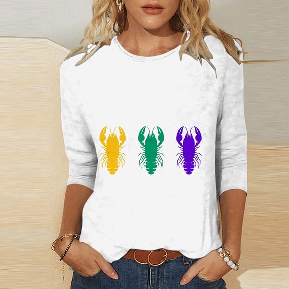 Cavosen Carnival Day 3/4 Sleeve Blouses for Women Festival Mardi Gras Crewneck Blouse Animal Graphic Print Shirts Holiday Novelty Tops Loose Athletic T-Shirts Party Shrove Tuesday S