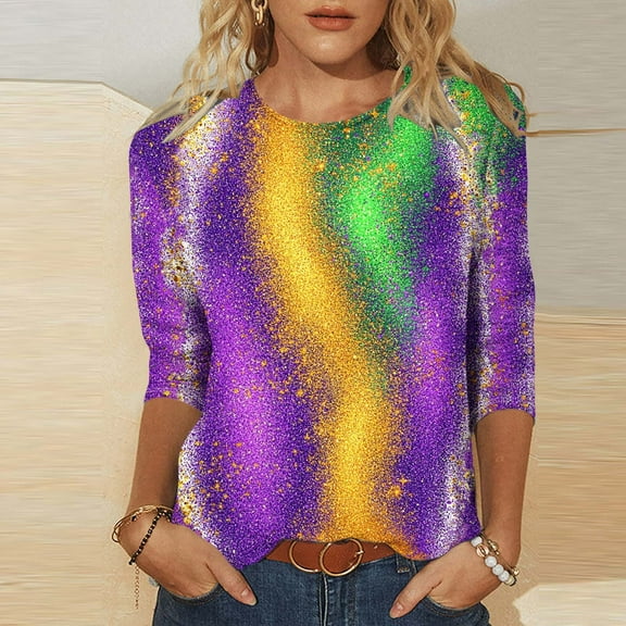 Cavosen Carnival Day 3/4 Sleeve Shirts for Women Crew Neck Festival Mardi Gras Tops Color Block Graphic Print Blouse Holiday Stylish Shirts Casual Workout T-Shirts Party Shrove Tuesday S