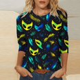 thumbnail image 1 of Cavosen Carnival Day Blouses for Women 3/4 Sleeve Holiday Mardi Gras Round Neck Blouse Mask Graphic Print Shirts Festival Fashion Tops Dressy Workout Tees Party Shrove Tuesday Purple XL, 1 of 5