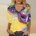 thumbnail image 1 of Cavosen Carnival Day Ladies Tops and Blouses 3/4 Sleeve V Neck Festival Mardi Gras Blouse Mask Graphic Print Tops Holiday Stylish Shirts Loose Athletic Tees Party Shrove Tuesday T-Shirts L, 1 of 4
