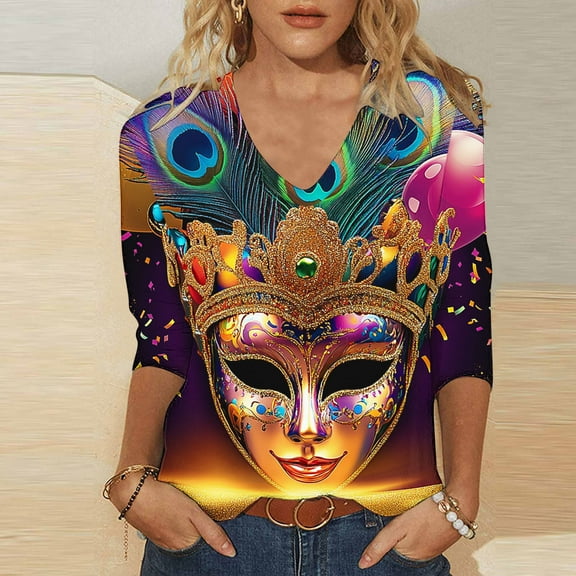 Cavosen Carnival Day Shirts for Women 3/4 Length Sleeves Holiday Mardi Gras V Neck Shirts Mask Graphic Print Blouse Festival Novelty Tops Casual Going out Tees Party Shrove Tuesday M