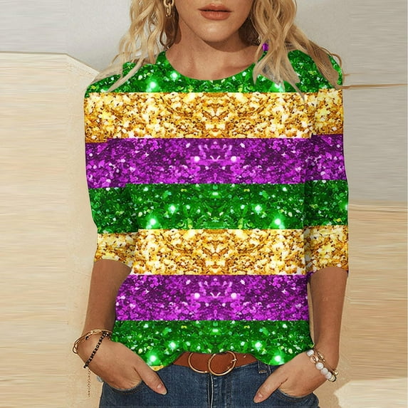 Cavosen Carnival Day 3/4 Length Sleeve Tops for Women Festival Mardi Gras Round Neck Blouse Striped Glitter Graphic Print Tops Holiday Stylish Shirts Casual Going out T-Shirts Purple S