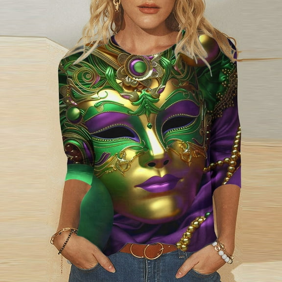 Cavosen Carnival Day Three Quarter Sleeve Shirts for Women Holiday Mardi Gras Crewneck Shirts Mask Graphic Print Tops Festival Stylish Blouse Dressy Athletic T-Shirts Party Tuesday M
