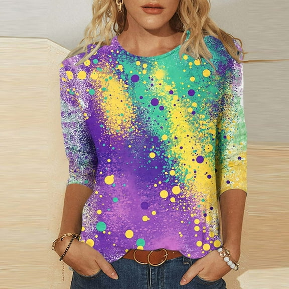 Cavosen Carnival Day Three Quarter Sleeve Tops for Women Festival Mardi Gras Crewneck Blouse Color Block Graphic Print Shirts Holiday Trendy Tops Loose Workout Tees Party Tuesday 3XL
