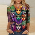 thumbnail image 1 of Cavosen Carnival Day Three Quarter Sleeve Tops for Women Holiday Mardi Gras Crewneck Tops Mask Graphic Print Shirts Festival Stylish Blouse Casual Athletic Tees Party Shrove Tuesday S, 1 of 5
