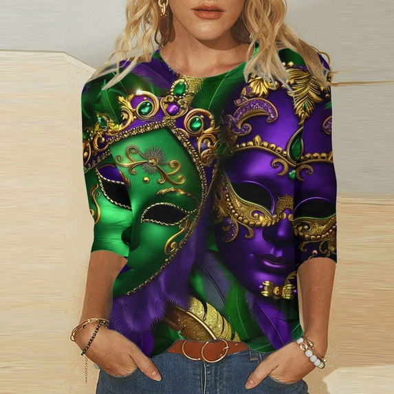 Cavosen Carnival Day Tops for Women 3/4 Sleeve Round Neck Shirts Holiday Mardi Gras Tops Mask Graphic Print Shirts Festival Stylish Blouse Loose Athletic T-Shirts Party Shrove Tuesday XL