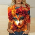 thumbnail image 1 of Cavosen Carnival Day Women's 3/4 Sleeve Tops Crew Neck Holiday Mardi Gras Shirts Mask Graphic Print Tops Festival Fashion Blouse Loose Going out Tees Party Shrove Tuesday T-Shirts XL, 1 of 5